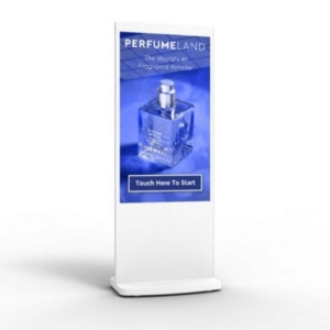 A white freestanding digital interactive touch screen totem.