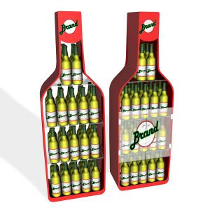 A freestanding, custom branded drinks bottle display holding lots of yellow bottles, featuring a translucent shutter door.