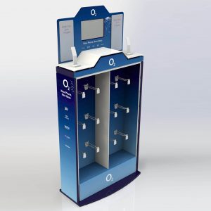 A custom branded slatwall retail display with a digital screen.