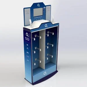 A custom branded slatwall retail display with a digital screen.