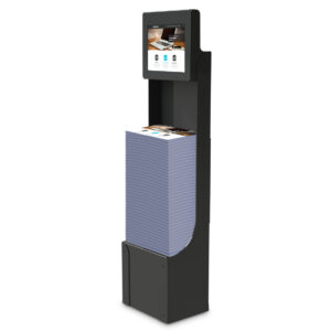 A Freestanding Digital Signage with Brochure Holder in the colour black holding a stack of brochures.