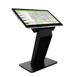 A side view of an interactive touch screen kiosk used as a wayfinding tool.