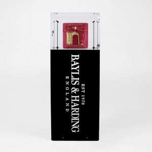 Baylis & Harding Branded Black display plinth with clear lockable display case and two spot lights.