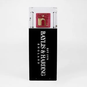 Baylis & Harding Branded Black display plinth with clear lockable display case and two spot lights.