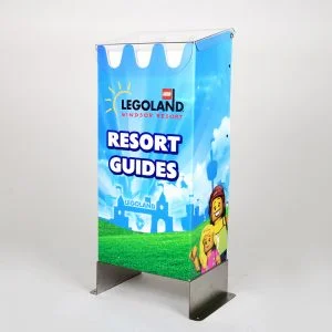 A custom outdoor DL spring loaded leaflet dump bin with Legoland branding.