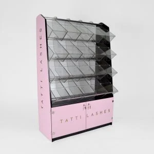 A custom cosmetic and beauty dispenser with 20 bins and pink "tatti lashes" branding.
