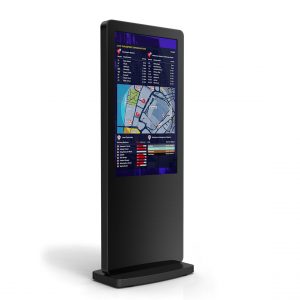 A black, freestanding interactive digital touch screen totem with wayfinding information on display.