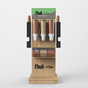 A wooden custom made gravity fed zeo-waste dispenser.