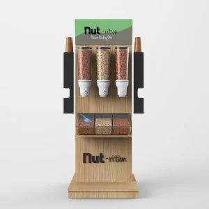 A wooden custom made gravity fed zeo-waste dispenser.