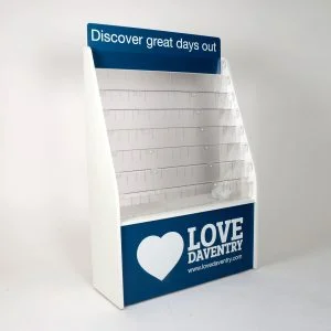 A wood finish floor standing brochure display with custom printing and tiered shelving.