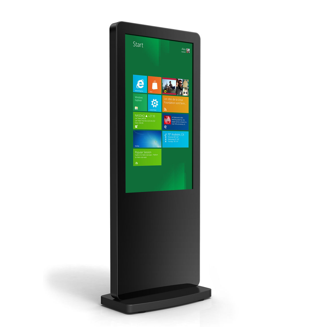 A black, freestanding interactive digital touch screen totem.