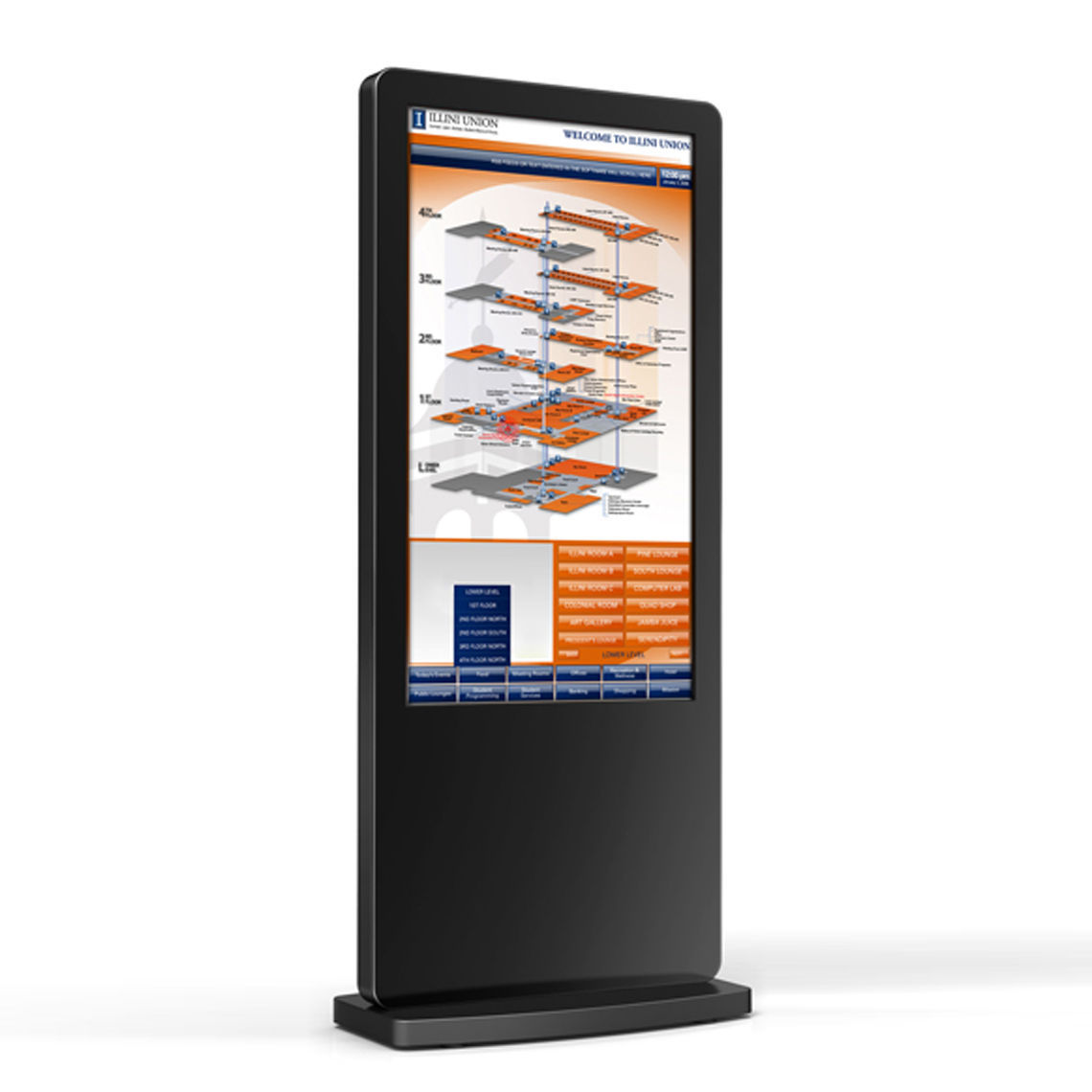 A black, freestanding interactive digital touch screen totem.