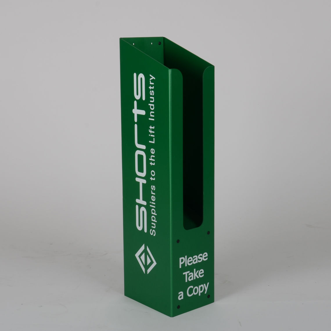 A green made to measure and custom printed dump bin with "shorts" logo on the side.