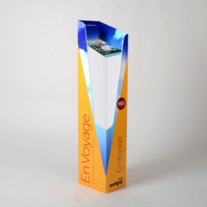 A custom made printed dump bin with "envoyage" logo printed on he front and sides.