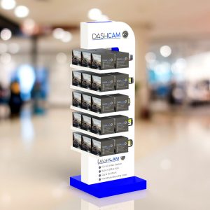 A custom made blue and white retail display shelving with branding and products on display.
