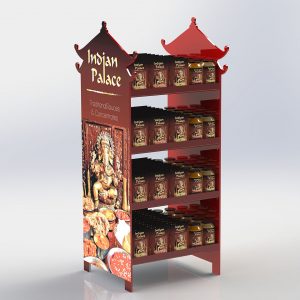 A custom branded "Indian Palace" food retail display shelving unit holding jars and packets of sauces.