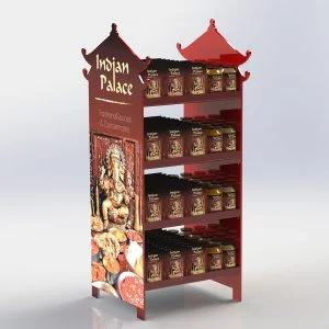 A custom branded "Indian Palace" food retail display shelving unit holding jars and packets of sauces.