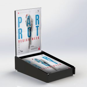 An A4 countertop magazine holder with header holding magazines.