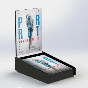 An A4 countertop magazine holder with header holding magazines.