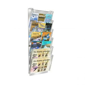 A 6 tier clear acrylic brochure holder with brochures on display.
