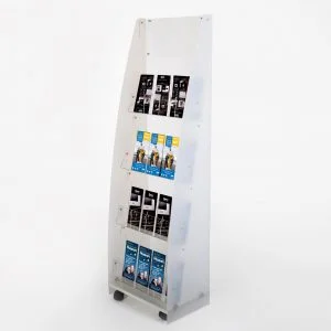 A white frosted sided clear acrylic brochure stand with black castor wheels and 4 shelves and brochures on display.