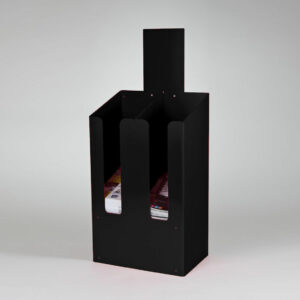 A black double width dump bin with A4 brochures inside.