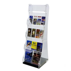 A clear acrylic information stand with a black base and multiple shelves with different brochures on display.