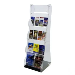 A clear acrylic information stand with a black base and multiple shelves with different brochures on display.