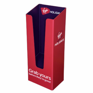 A made to measure red printed virgin holidays dump bin with branding on the front and the back.