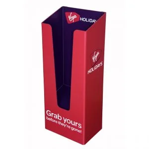 A made to measure red printed virgin holidays dump bin with branding on the front and the back.