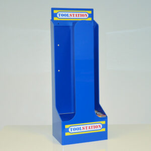 A blue custom made double dump bin with "tool station" printed on the top and bottom.