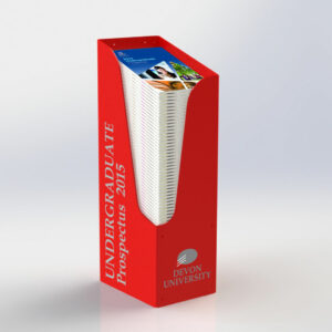 A red custom dump bin holding undergraduate prospectus brochures.
