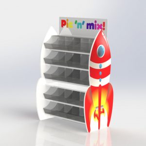A custom sweet pick and mix display with a printed rocket ship on the sides.