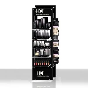 A black floor standing bespoke cosmetics display with make-up on display and branding.