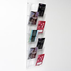 A clear acrylic wall mounted leaflet and card dispenser with leaflets on display.