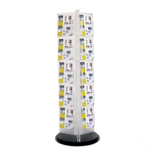 An acrylic rotating brochure display holding brochures. with a black MDF base.