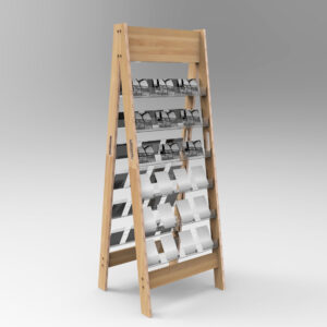 A wood finish card display unit with logo.