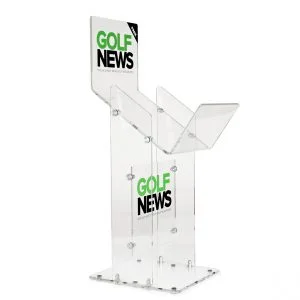 A clear acrylic newspaper stand with custom branding.