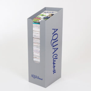 A grey metal dump bin with custom printing on the front and sides.