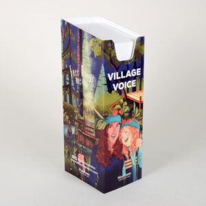 A "bluestone" custom printed spring loaded dump bin with print on the front and sides.