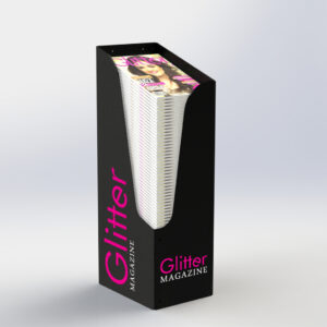 A custom branded magazine dump bin holding magazines.