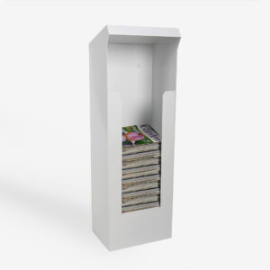 A white Weatherproof Metal Dump Bin holding magazines.