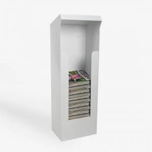 A white Weatherproof Metal Dump Bin holding magazines.