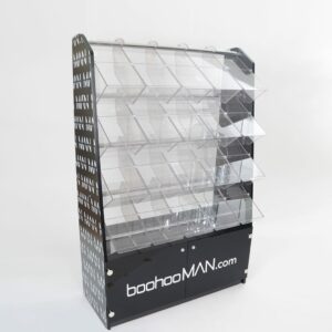 A custom boohooman pick and mix display in black acrylic.