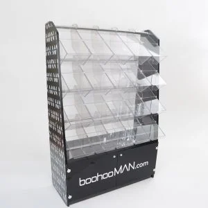 A custom boohooman pick and mix display in black acrylic.