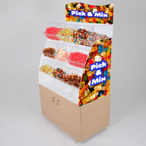 A gummy bear printed pick and mix display unit with 9 bins, a lockable storage cupboard.