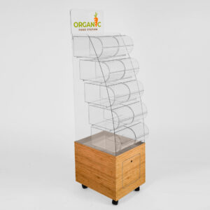 A custom 10 bin pick and mix dispenser made from acrylic and bamboo with castor wheels.