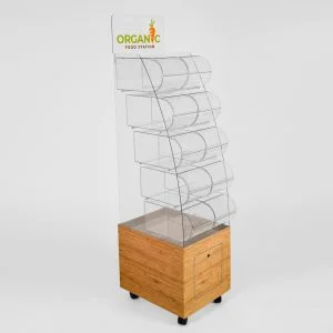 A custom 10 bin pick and mix dispenser made from acrylic and bamboo with castor wheels.
