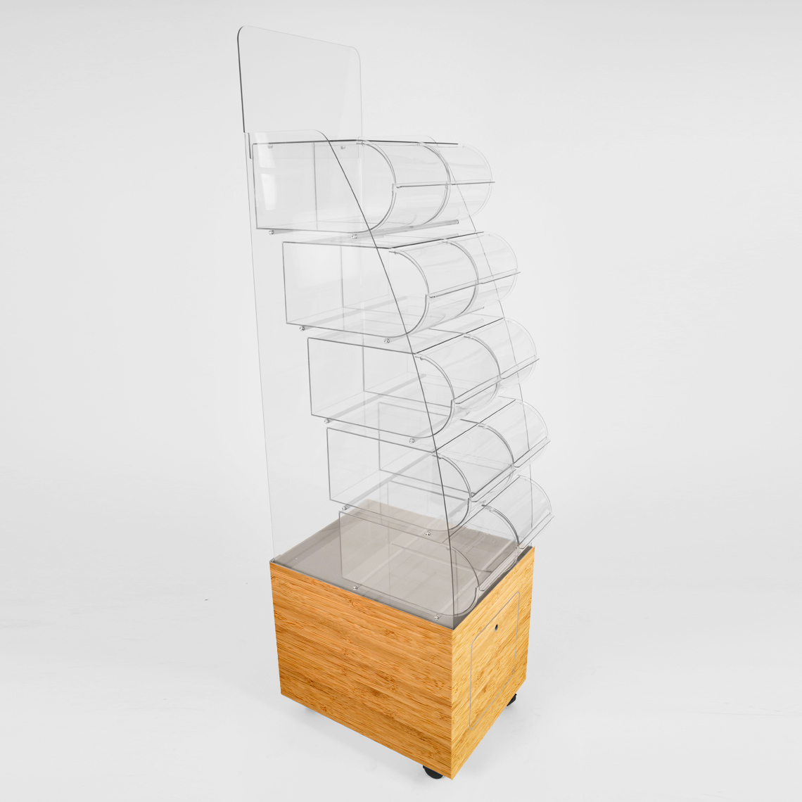 A blank 10 bin pick and mix dispenser made from acrylic and bamboo with castor wheels.