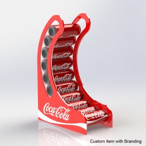 A curved red coca cola branded gravity fed drinks can dispenser holding coca cola cans.